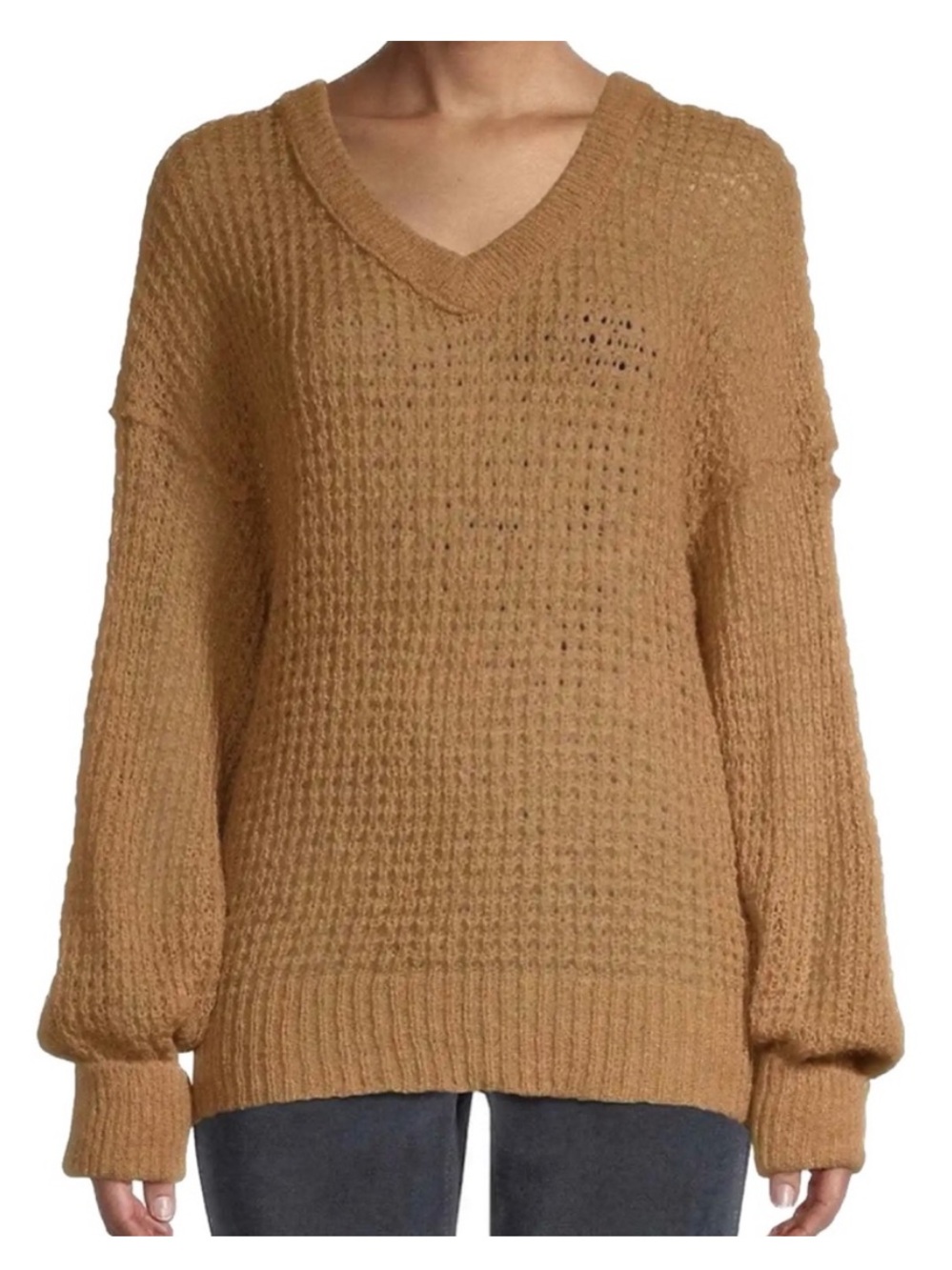 FREE PEOPLE Lulu Sweater Womens Medium Camel Brown Waffle Knit Oversized V-Neck